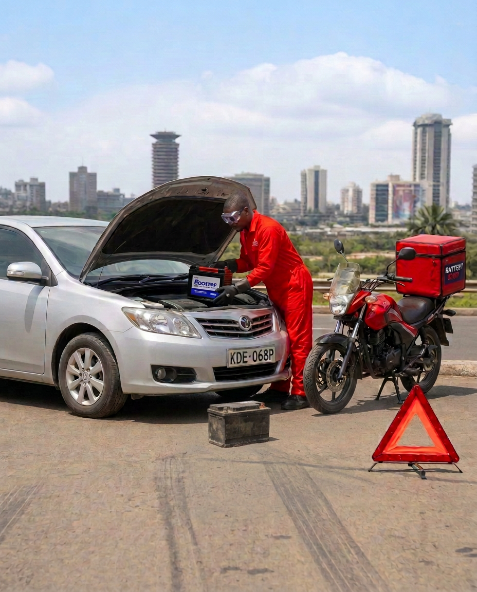 Battery Pap technician in a red uniform fitting a Booster car battery in Nairobi with a delivery motorcycle, removed old battery and roadside warning triangle